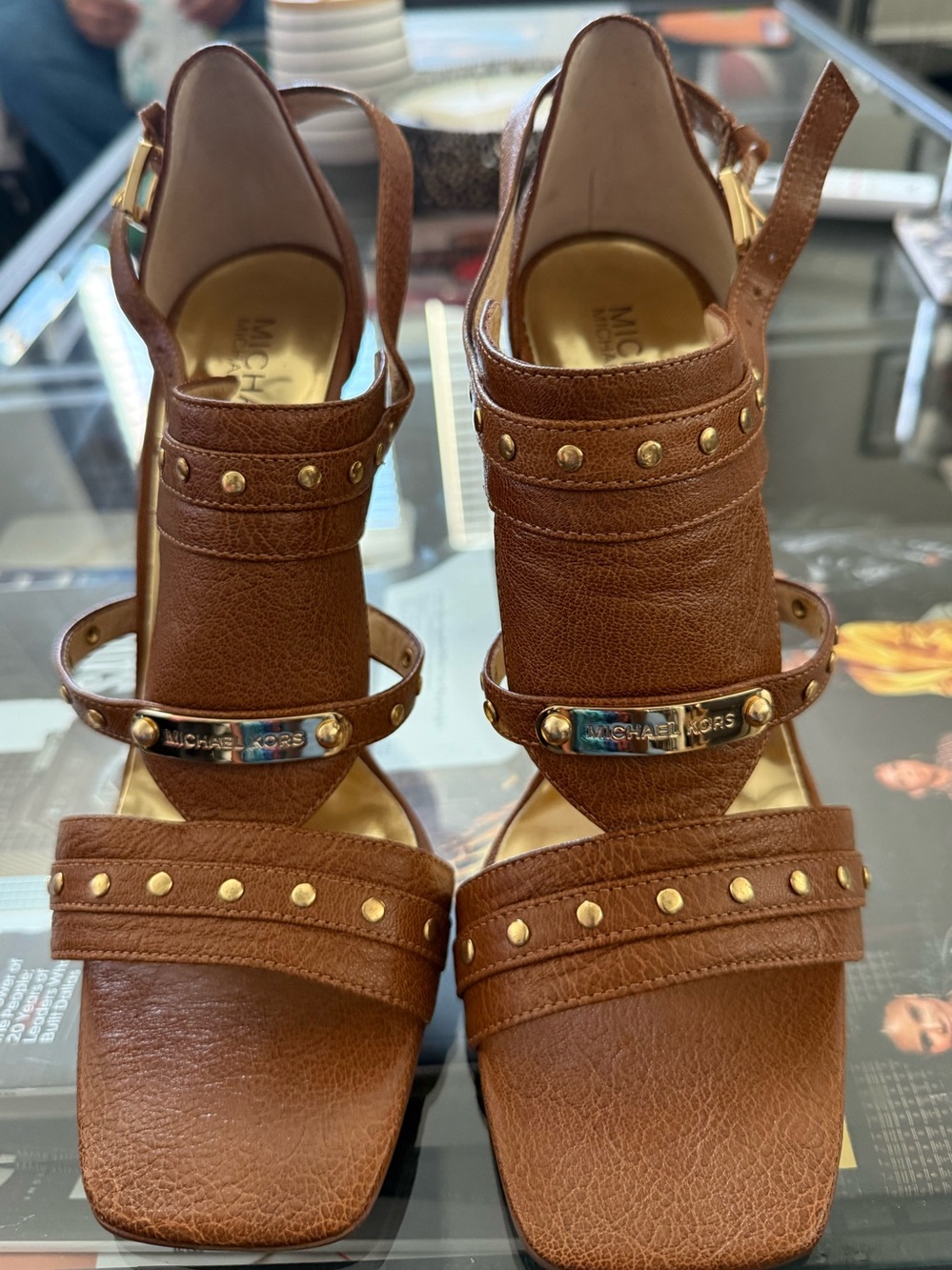 Michael Kors Brown Leather Studded High-Heel Sandals